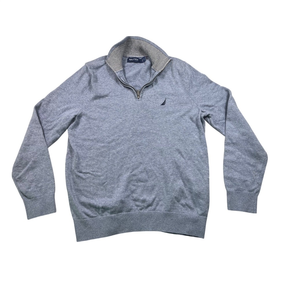 Nautica Mens Small Blue Quarter Zip Pullover Sweater Logo Preppy Casual